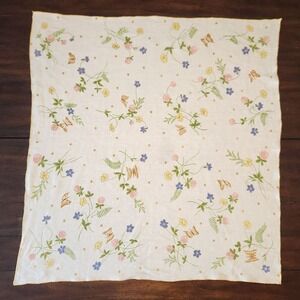Vintage Tablecloth Small or Table Topper Floral Butterflies Pastels‎ 32x34 Ivory